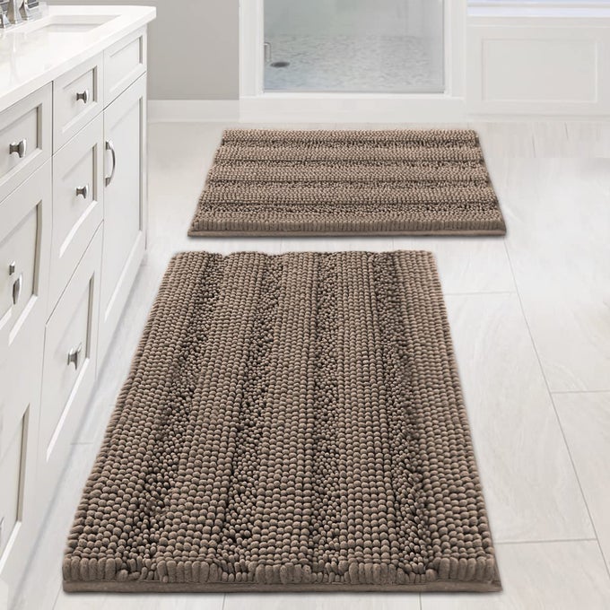 HVERSAILTEX BATHROOM RUGS SETS 2 PIECE NON SLIP THICK SHAGGY CHENILLE BATHROOM RUG MAT SET EXTRA SOFT AND ABSORBENT STRIPED FLOOR RUGS MACHINEWASHABLE TAUPE BROWN