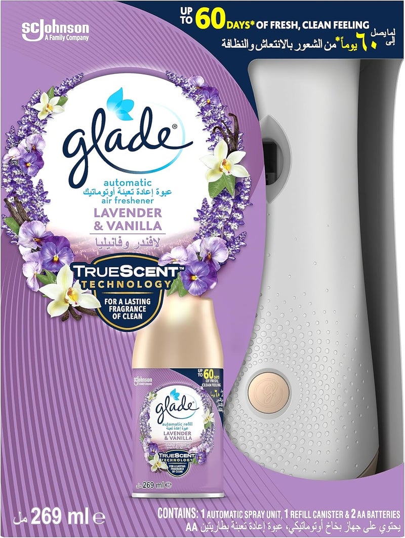 Glade Long lifespan Automatic Air Freshener Spray Holder with Scented Lavender & Vanilla Refill , 269ml Classic modern blend design - Image 1