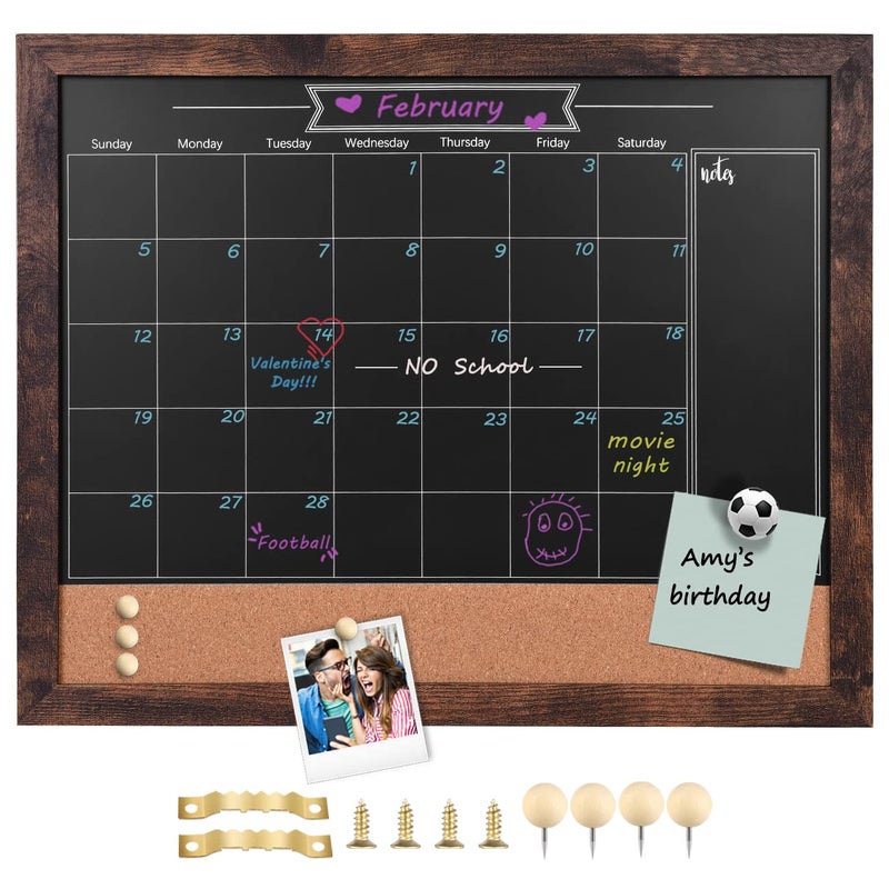 TORASO Magnetic Chalkboard Calendar Corkboard, Small Combination Chalk Board Bulletin Board, 13" x 17",Walnut Brown Framed Blackboard Calendar Cork Combo Board(ZHHB-BN-3343) - Image 1