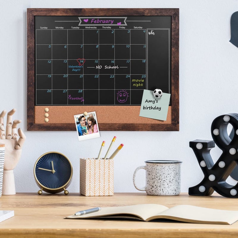 TORASO Magnetic Chalkboard Calendar Corkboard, Small Combination Chalk Board Bulletin Board, 13" x 17",Walnut Brown Framed Blackboard Calendar Cork Combo Board(ZHHB-BN-3343) - Image 4