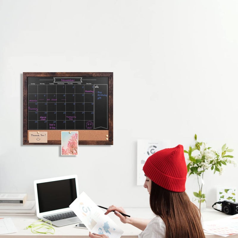 TORASO Magnetic Chalkboard Calendar Corkboard, Small Combination Chalk Board Bulletin Board, 13" x 17",Walnut Brown Framed Blackboard Calendar Cork Combo Board(ZHHB-BN-3343) - Image 5