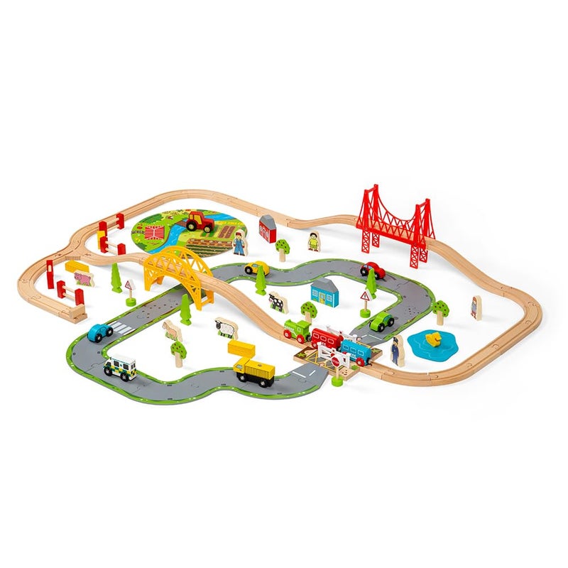 Bigjigs Rail 80 Piece Rural Road and Rail Wooden Train Set Kids Train Set with 80 Bigjigs Train Accessories incl Bridges a Level Crossing for Pretend Play