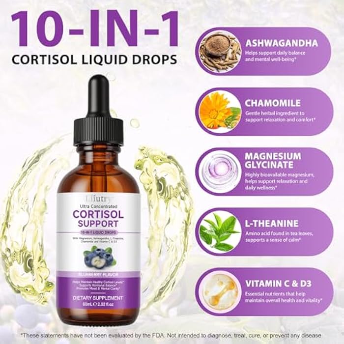Buyourtaste Cortisol Supplements for Women and Men with Magnesium, Ashwagandha, L-Theanine, 10 in 1 Cortisol Detox Manager Reducer, Hormone Balance Liquid Drops - Mood, Focus, Sleep - Blueberry Flavor(2.02 fl.oz) - Image 3