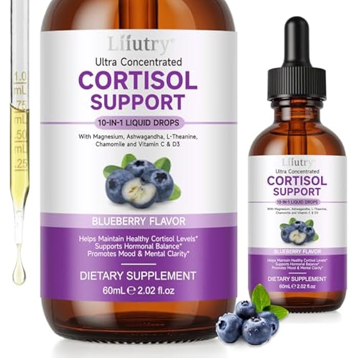 Buyourtaste Cortisol Supplements for Women and Men with Magnesium, Ashwagandha, L-Theanine, 10 in 1 Cortisol Detox Manager Reducer, Hormone Balance Liquid Drops - Mood, Focus, Sleep - Blueberry Flavor(2.02 fl.oz) - Image 1