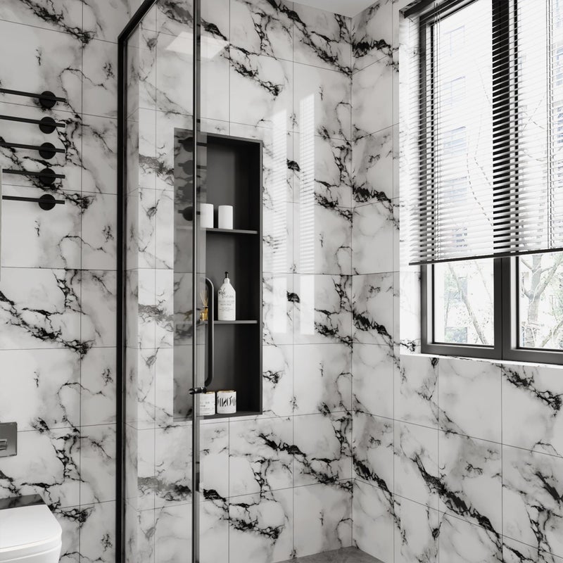 LVSHI 20pcs Marble Peel and Stick Waterproof PVC Shower Wall Panels Bathroom Backsplash Tile Stick on Wall for Bedoom, Kitchen 11.8"x11.8" (Ink and White,19.4 Sq.Ft.) - Image 2