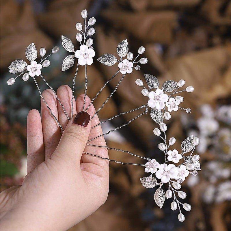 Unicra Flower Bride Wedding Hair Pins Silver Bridal Hair Pieces Pearl Hair Accessories Leaf Prom Hair Clips for Women and Girls Pack of 5