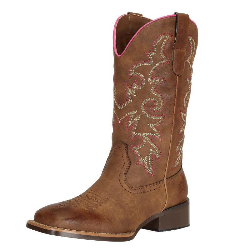J's.o.l.e Fashion Cowboy Boots for Women Square Toe Wide Mid Calf Western Cowgirl Boots Brown US Size 6 - Image 1