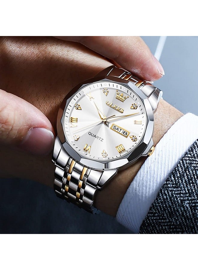 أوليفز ساعة OLEVS للرجال أنالوج كوارتز رسمية مرصعة بالألماس ساعات عمل ثنائية اللون من الفولاذ المقاوم للصدأ مقاومة للماء مضيئة بمؤشر تاريخ ساعة يد فاخرة باللونين الذهبي والأبيض - Image 3