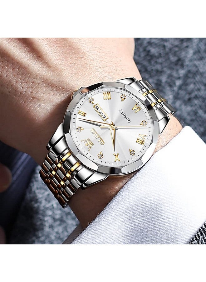 أوليفز ساعة OLEVS للرجال أنالوج كوارتز رسمية مرصعة بالألماس ساعات عمل ثنائية اللون من الفولاذ المقاوم للصدأ مقاومة للماء مضيئة بمؤشر تاريخ ساعة يد فاخرة باللونين الذهبي والأبيض - Image 5