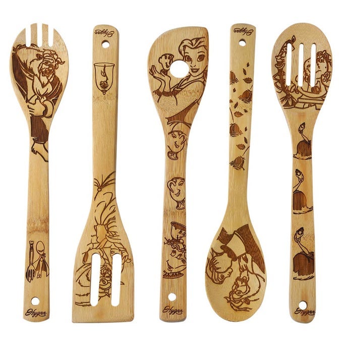 BEAUTY AND THE BEAST BURNED WOODEN SPOONS COOKING SERVING UTENSILS SET BAMBOO SPOON SLOTTED KITCHEN UTENSIL FUN GIFT IDEA WARMING PRESENT SET OF 5