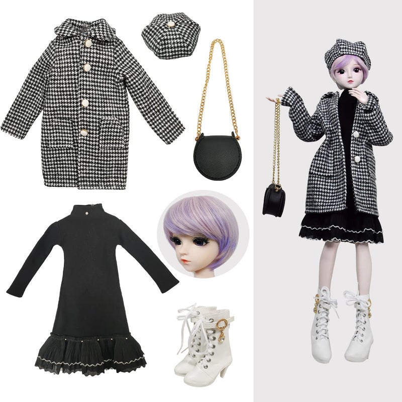 Proudoll 1/3 BJD Doll Outfit Set - Handcrafted Stylish Black & White Plaid Coat, Beret, Dress, Purple Wig, Leather Bag & Boots, Compatible with 1/3 60cm 24in SD Dolls - Image 1