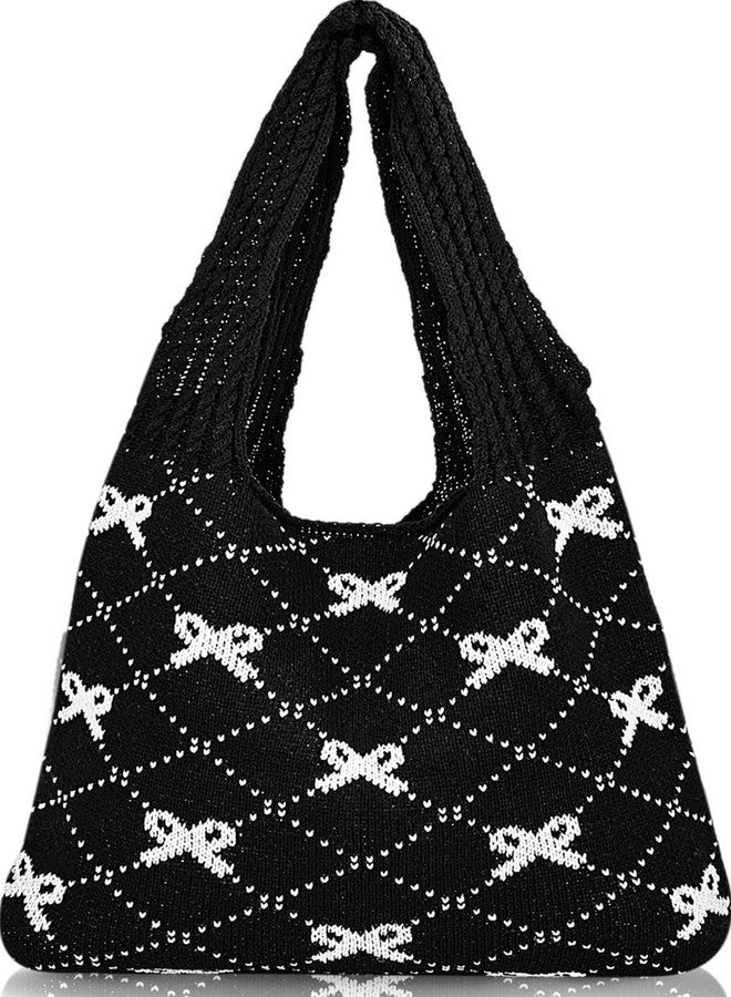 Busnos Coquette Bow Tote Bag Purse for Women Beach Bags for Women Cute Black Crochet Beach Tote Bag Boho Knit Shoulder Purses Trendy Womens Travel Vacation Handbag - Image 1