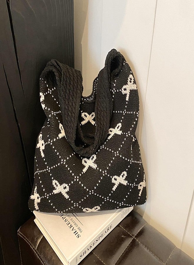 Busnos Coquette Bow Tote Bag Purse for Women Beach Bags for Women Cute Black Crochet Beach Tote Bag Boho Knit Shoulder Purses Trendy Womens Travel Vacation Handbag - Image 2