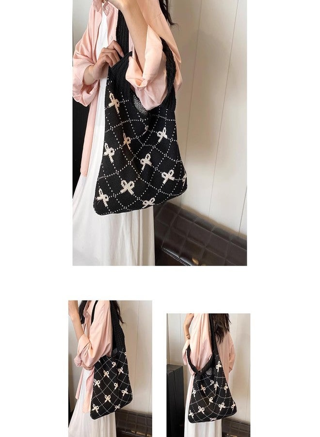 Busnos Coquette Bow Tote Bag Purse for Women Beach Bags for Women Cute Black Crochet Beach Tote Bag Boho Knit Shoulder Purses Trendy Womens Travel Vacation Handbag - Image 4