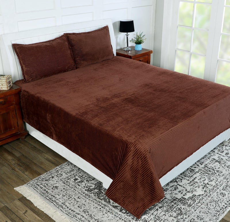 RD TREND 190 GSM Flannel Warm Bedsheets for Winter Double Flat Size (90 x 100 Inches) with 2 Pillow Cover Size (18x28 Inches) Color-Coffee, Striped - Image 1