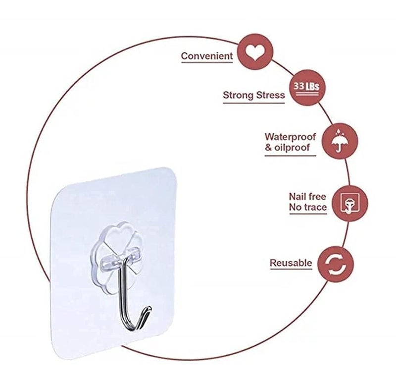 Ekon Set of 12 Self Adhesive Strong Transparent Waterproof Wall Clip Hanger Steel Hooks for Bathrooms Kitchen Bedrooms Closets Living Room Toilet Office School Showroom Upto 25KGMax - Image 2