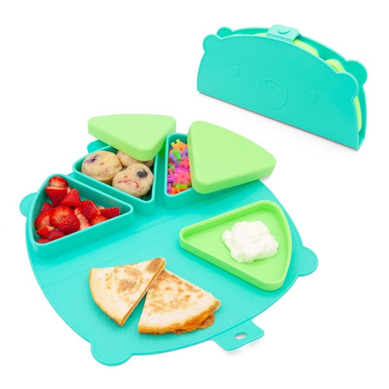 321 Grow Silicone On-The-Go Snack Mat â€“ Foldable Reusable Placemat with 3 Compartments and Lids â€“ Travel-Friendly Baby and Toddler Snack Plate â€“ Dishwasher Safe (Aqua) - Image 1