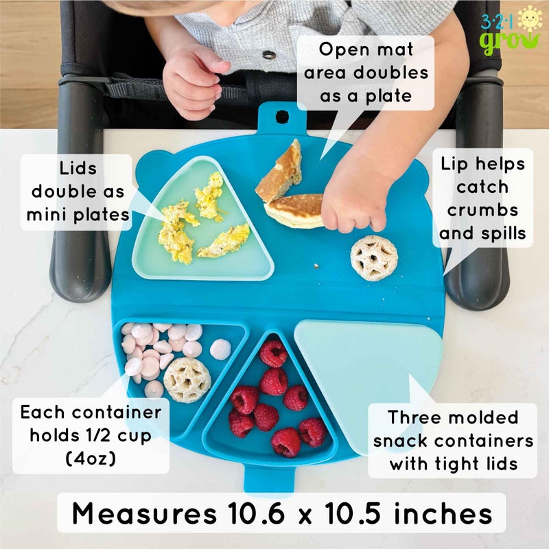321 Grow Silicone On-The-Go Snack Mat â€“ Foldable Reusable Placemat with 3 Compartments and Lids â€“ Travel-Friendly Baby and Toddler Snack Plate â€“ Dishwasher Safe (Aqua) - Image 3