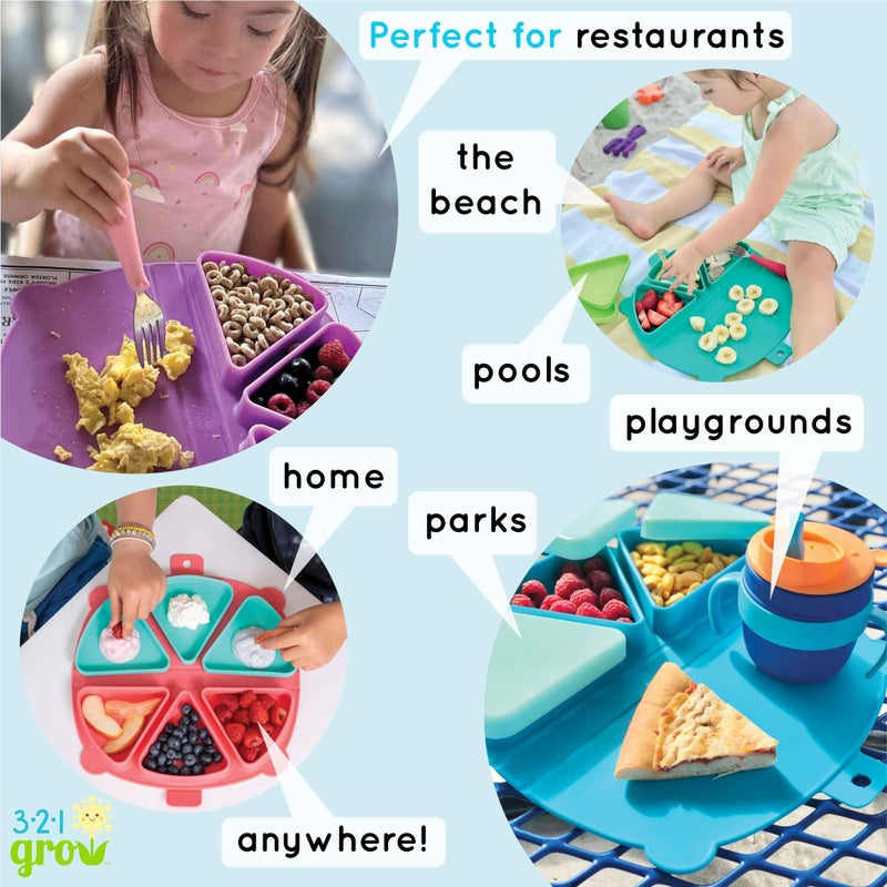 321 Grow Silicone On-The-Go Snack Mat â€“ Foldable Reusable Placemat with 3 Compartments and Lids â€“ Travel-Friendly Baby and Toddler Snack Plate â€“ Dishwasher Safe (Aqua) - Image 5