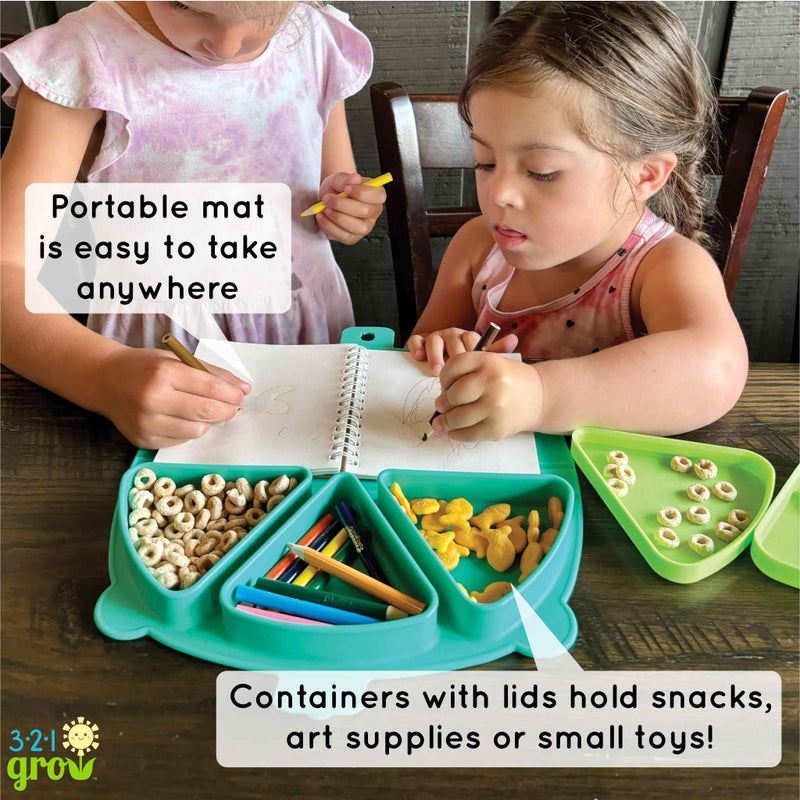 321 Grow Silicone On-The-Go Snack Mat â€“ Foldable Reusable Placemat with 3 Compartments and Lids â€“ Travel-Friendly Baby and Toddler Snack Plate â€“ Dishwasher Safe (Aqua) - Image 4
