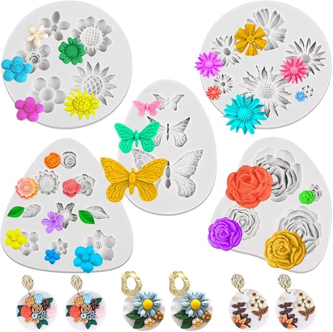 Husaini Mart HUSAINI MART 5 Pcs Flower Clay Molds Polymer Clay Cutters Different Shapes Rose Daisy Sunflower Leaf Butterfly Silicone Clay Molds Cutters Miniature Clay Mold for Earrings Jewelry Making Crafting Projects 