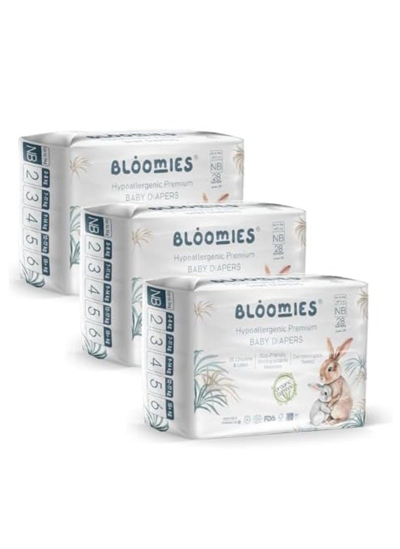 Bloomies Organic Bamboo Baby Diapers for Newborns (Up to 5kg baby) 84pcs (28X3) Bundle| Eco-friendly, Hypoallergenic, Non-toxic, Breathable Nappies  - Image 1