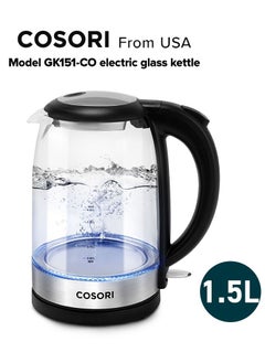 COSORI GK151-CO Electric Glass Kettle 1.5L with Blue LED, 3000W for Fast and Quiet Boil, Food Grade 304 Stainless Steel, Boil-Dry Protection, BPA Free