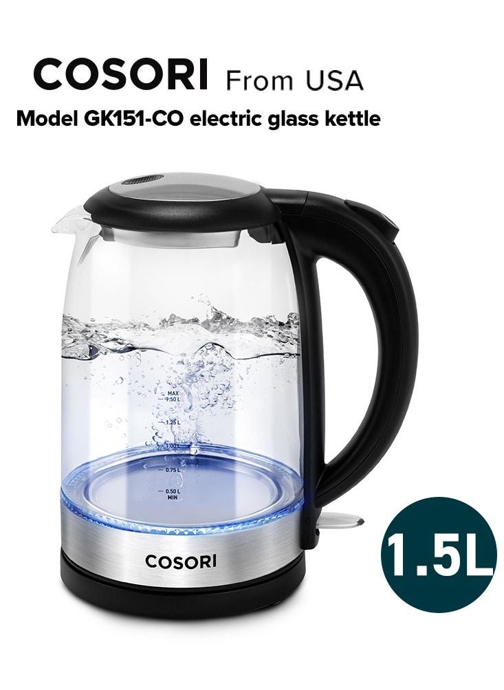 COSORI - COSORI GK151-CO Electric Glass Kettle 1.5L with Blue LED, 3000W for Fast and Quiet Boil, Food Grade 304 Stainless Steel, Boil-Dry Protection, BPA Free - Image 1