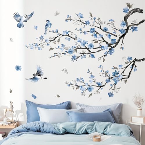 decalmile Watercolor Blue Flower Branch Wall Decals Blossom Tree Branch Floral Wall Stickers Bedroom Living Room Sofa TV Background Wall Dcor - Image 1