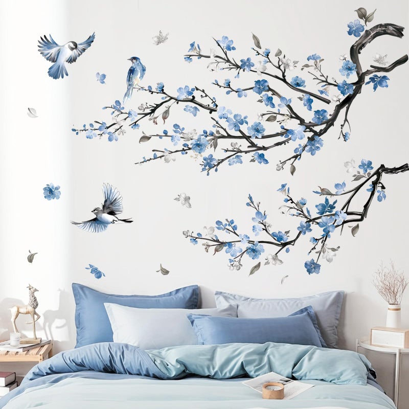 decalmile Watercolor Blue Flower Branch Wall Decals Blossom Tree Branch Floral Wall Stickers Bedroom Living Room Sofa TV Background Wall Dcor - Image 2
