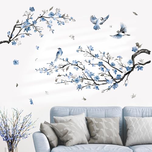 decalmile Watercolor Blue Flower Branch Wall Decals Blossom Tree Branch Floral Wall Stickers Bedroom Living Room Sofa TV Background Wall Dcor - Image 3