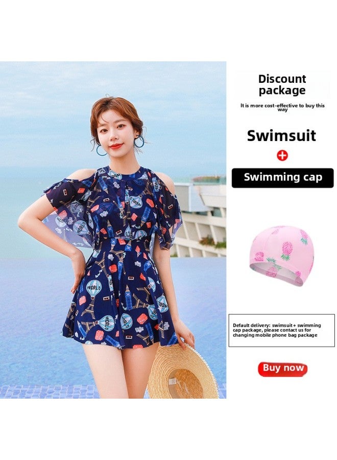 Parent-child Swimsuit Mother And Daughter Conservative One-piece Dress Super Fairy Swimsuit Slimming Meat Covering Small Medium And Large Girls Swimsuit-Color:Adult Dark Blue + Swimming Cap- - Image 1