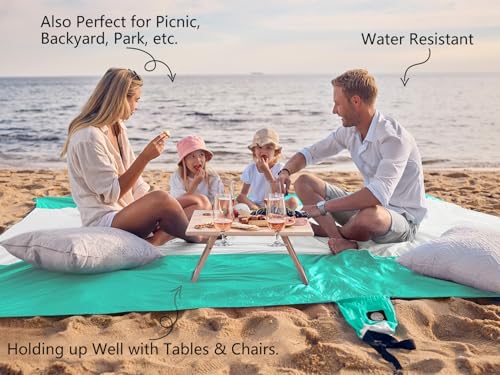 WEKAPO Beach Blanket - Sandproof Waterproof Extra Large Beach Mat | Oversized Sand-Free Lightweight Quick-Drying | Beach Vacation Essentials with Stakes & Corner Pockets (Turquoise, 7x7 FT) - Image 4