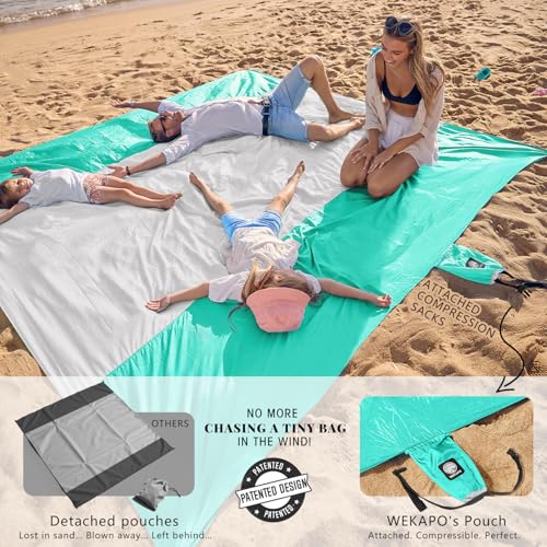 WEKAPO Beach Blanket - Sandproof Waterproof Extra Large Beach Mat | Oversized Sand-Free Lightweight Quick-Drying | Beach Vacation Essentials with Stakes & Corner Pockets (Turquoise, 7x7 FT) - Image 3