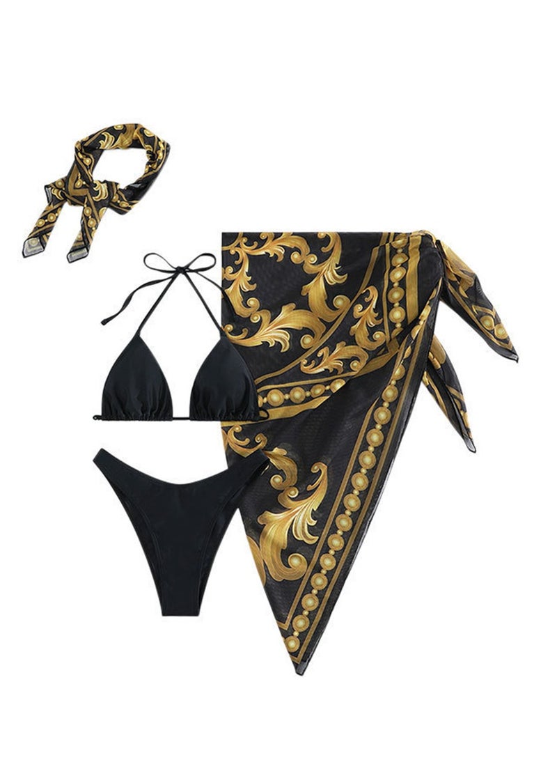 4pcs new swimsuit mesh cover-up skirt printed bikini swimsuit set  - Image 1