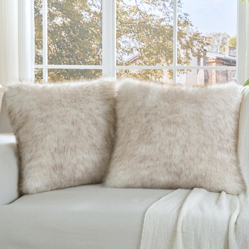 FUTEI Coffee White Decorative Throw Pillow Covers 18x18 Inch Set of 2,Soft Fluffy Faux Fox Fur Textured Cushion Case,Modern Home Decor for Couch Living Room - Image 1