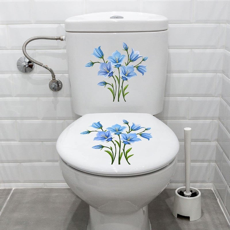 CVANU CVANU Blue Flowers and Green Leaf Design Toilet Seat Stickers Decals SelfAdhesive Removable PVC Vinly 10x10 inch Pack of 2 - Image 2
