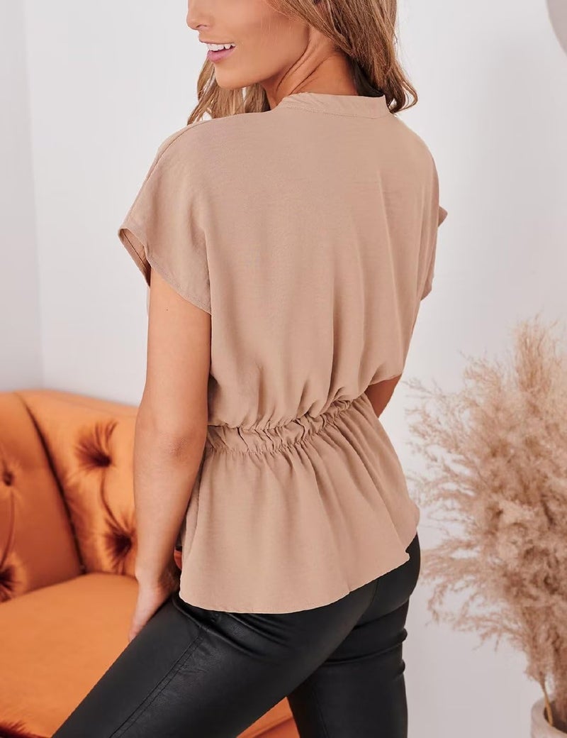 CiCiBird Womens Button Down Blouses Casual Peplum Summer Tops Dressy Chiffon Work Blouse Apricot - Image 2