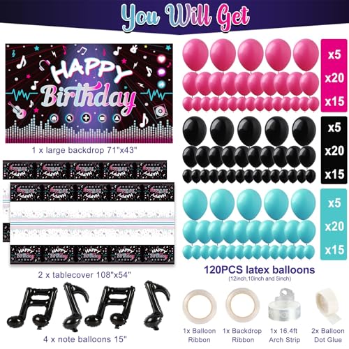 OurWarm 130 Pcs Tik Tok Birthday Party Decorations Music Happy Birthday Decorations Tiktok Party Theme Party Supplies Includes Happy Birthday Banner Balloons Arch Tablecloth for Birthday Decor - Image 5