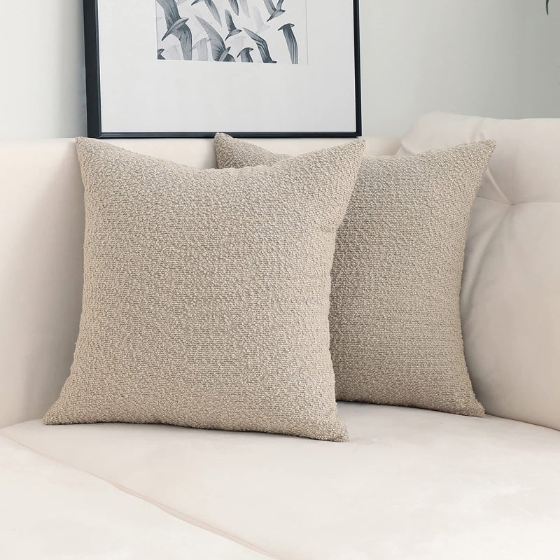 Jeneoo Light Grey Decorative Square Thick Throw Pillow Covers Fine Textured Boucle Oatmeal Couch Cushion Cases for Livingroom Sofa Home Decor Set of 2 18 x 18 Inch