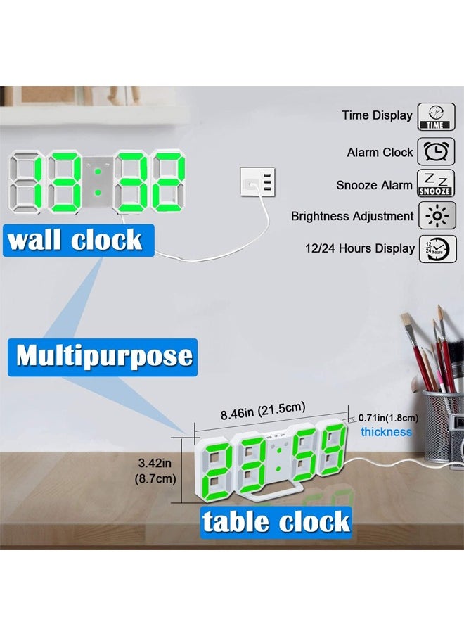 Hihonor 3D Digital Alarm Clock with 3 Adjustable Brightness, 12/24Hr,  Bedroom Desk Alarm Clock LED Nightlight Digital Wall Clock (White/Green)  - Image 5