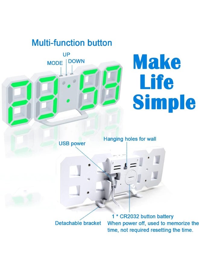 Hihonor 3D Digital Alarm Clock with 3 Adjustable Brightness, 12/24Hr,  Bedroom Desk Alarm Clock LED Nightlight Digital Wall Clock (White/Green)  - Image 4