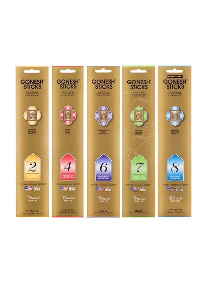 Gonesh - Classic Incense Sticks Variety Pack - Non-Toxic 10” Slow Burn Aromatic Sticks - No. 2, No. 4, No. 6., No. 7 No. 8-5 Packs Of 20 Sticks - Image 1