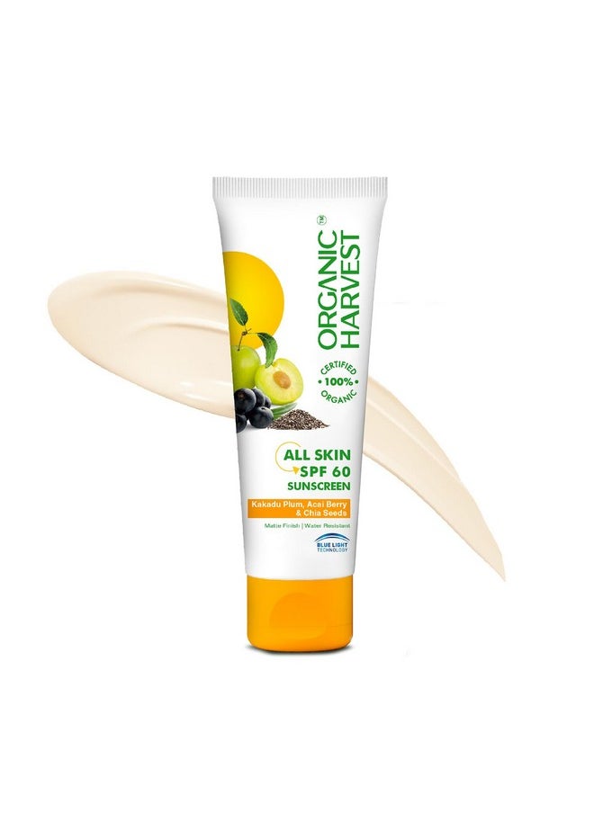 Organic Harvest Sunscreen Spf 60 For All Skin Type | For Women & Men With Blue Light Technology, Protects From Harmful Uva & Uvb Rays | Quick Absorb, Hydrates Skin | 100% American Certified Organic, Sulphate & Paraben Free - 100Gm  - Image 1