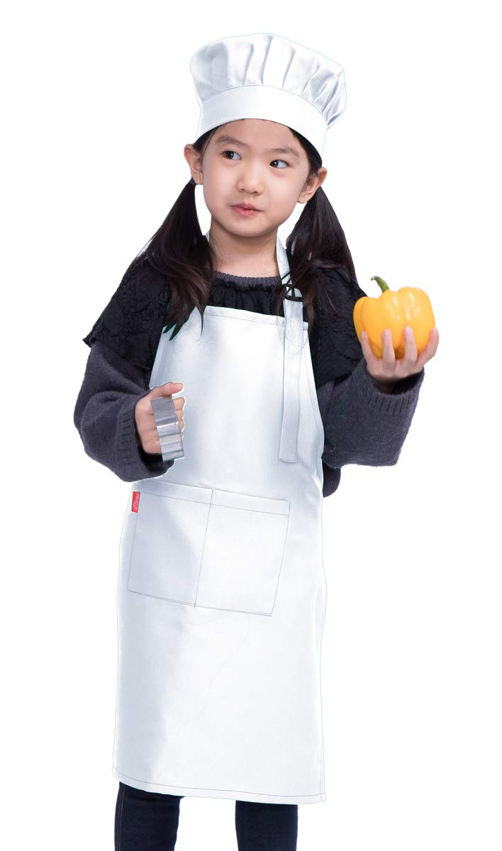 ALIPOBO Kids Apron and Chef Hat Set, Children's Adjustable Bib Apron with 2 Pockets. Cute Boys Girls Kitchen Apron for Cooking, Baking, Painting, Training Wear (6-12 Year, White) - Image 2