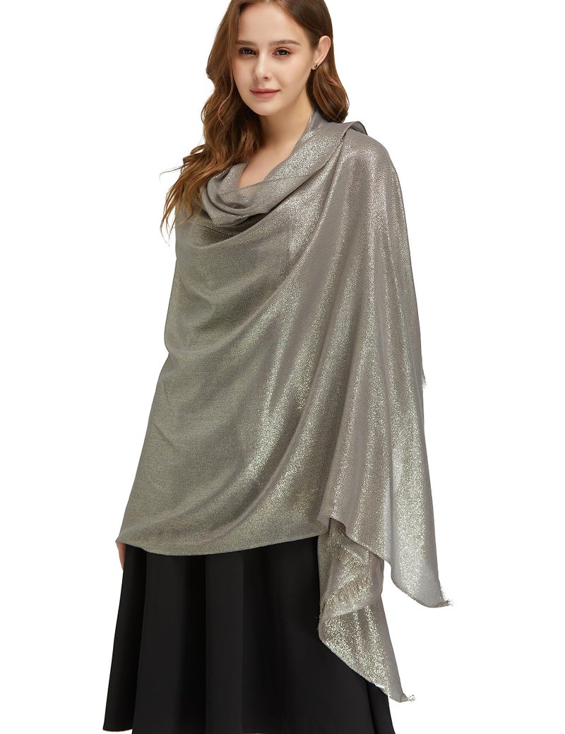 PANTONIGHT Women's Sparkling Metallic Evening Shawl and Wraps Lightweight Long Party Scarf Dark Brown Solid Color Hijab Scarf for women (DARK BROWN GOLD 2524) - Image 1