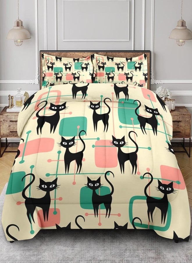 Nesphy Mid Century Colorful Cat Queen Comforter Set, Atomic 50S Retro Bedding Set 3 Piece, All Season Soft Children Adults Bedroom Bed Decoration Comforter and 2 Pillow Shams - Image 1