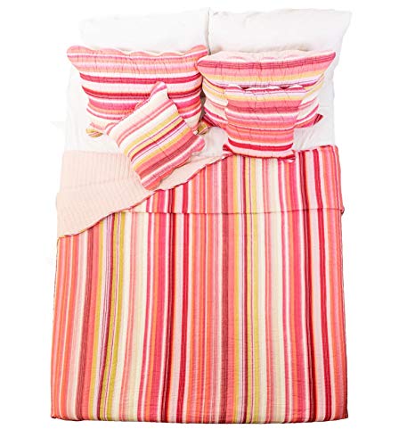 DaDa Bedding Colorful Summer Loving Striped Bedspread Set  Bohemian Reversible Vibrant Stunning Scalloped Quilt  Pink Red Yellow Sunny Tones MultiColored Bright Vibrant  Queen  5Pieces