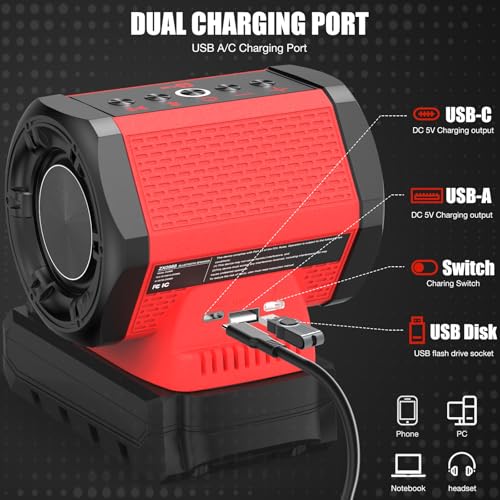 ohyes Bluetooth Speaker Compatible with Milwaukee 18V Battery Packs with USB-A/C Charging for Jobsite Camping & Parties (Battery not Included) - Image 4