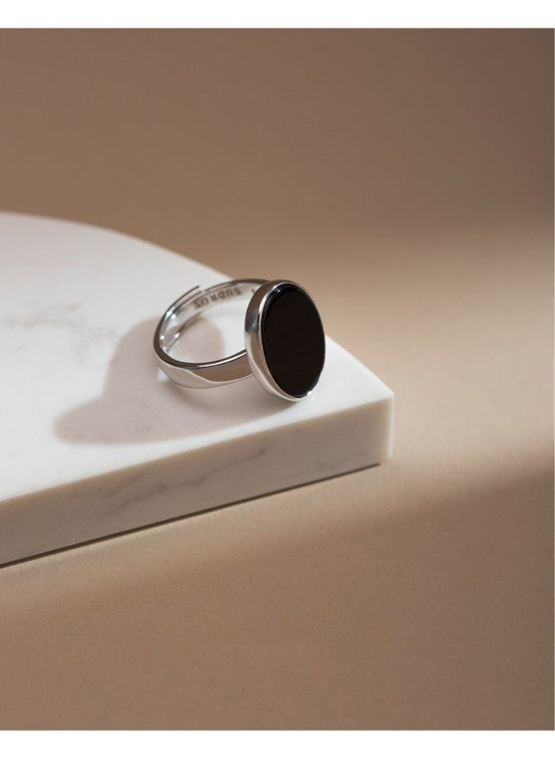 Bukela Korean Simple S925 Sterling Silver Inlaid with Black Agate Smooth High-end Fashion Niche Retro Personality Ring - Image 3